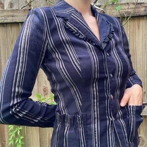 OFFICE SIREN Vtg BLAZER Striped Ruffle Shirt Small Fitted Bespoke OOAK Navy Blue